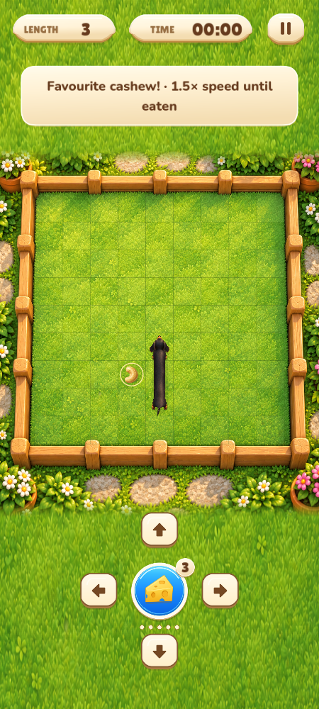 Gameplay with the arrow buttons centered around the cheese button below the garden.