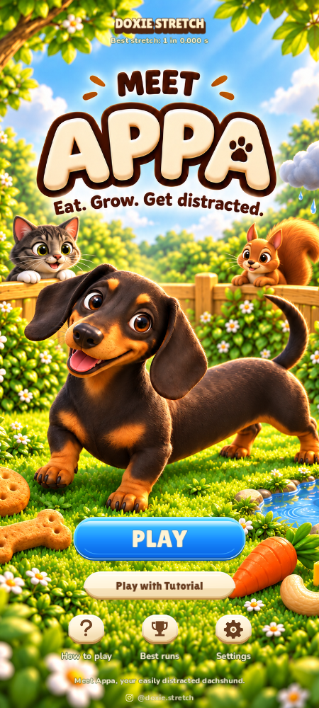 Doxie Stretch home screen with Appa, a tabby cat, a squirrel, and the Play button.