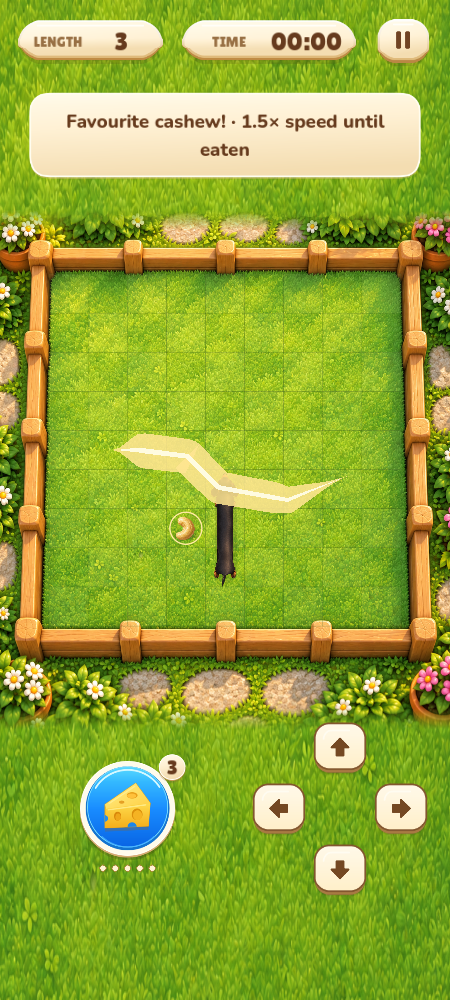 Appa on the 9 by 9 garden board, a cashew nearby, with a visible swipe trail and right-side arrow controls.